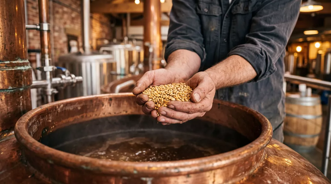 Un cervecero comprueba el grano de malta en una cuba de maceracion de cobre.