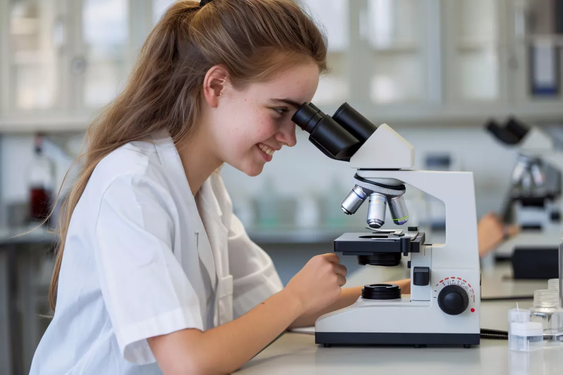 Una estudiante mira por un microscopio en un laboratorio de investigacion biologica