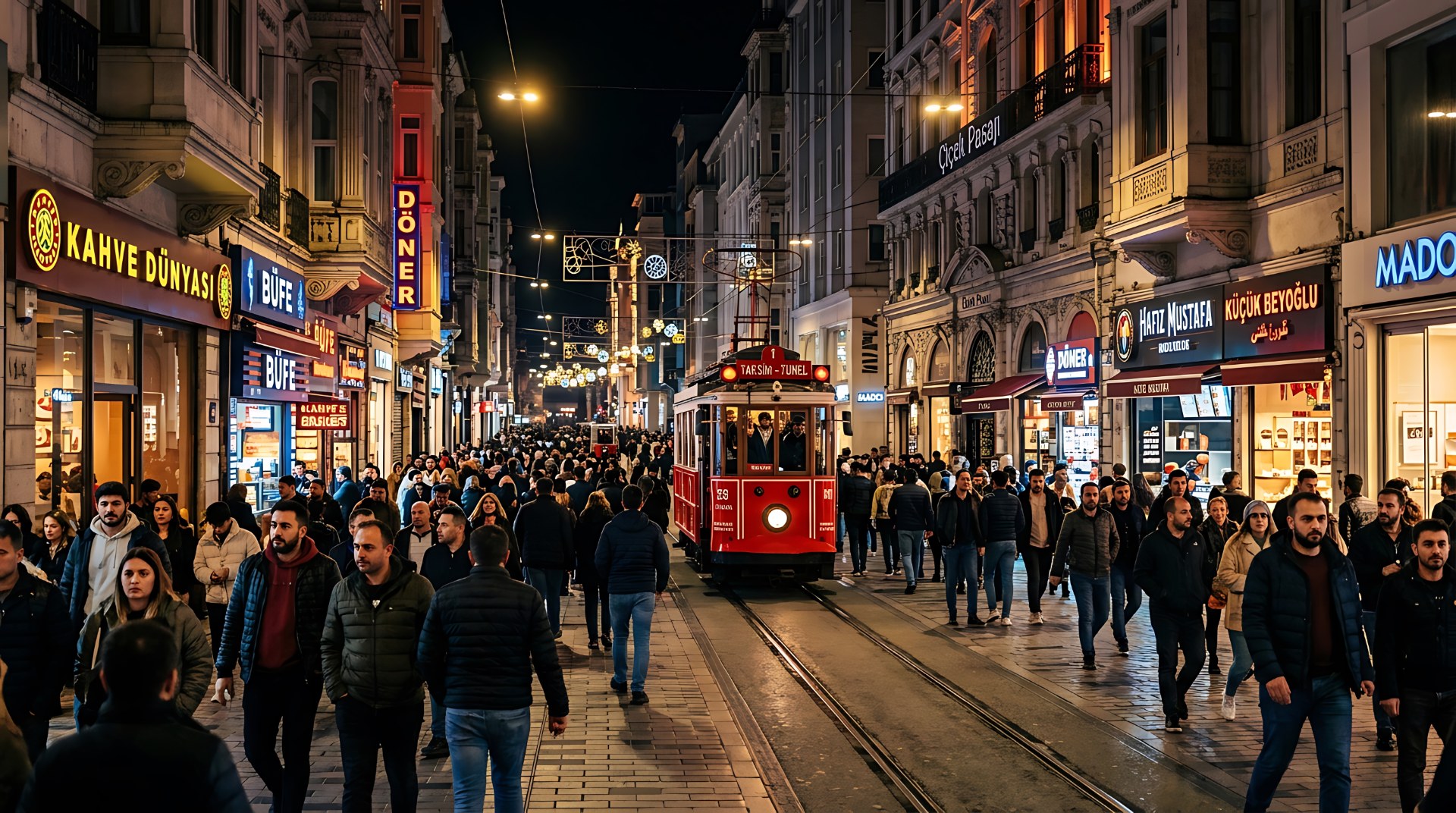 Multitud en la avenida İstiklal de Estambul de noche, con un tranvía histórico rojo